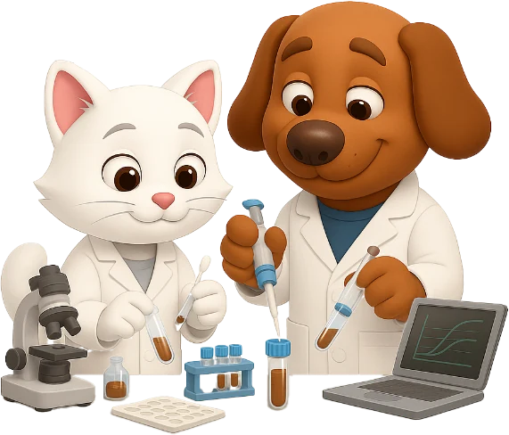 Illustration: Katze und Hund im Laborkittel werten Proben aus