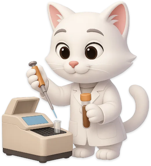 Illustration: Katze im Laborkittel mit PCR-Gerät